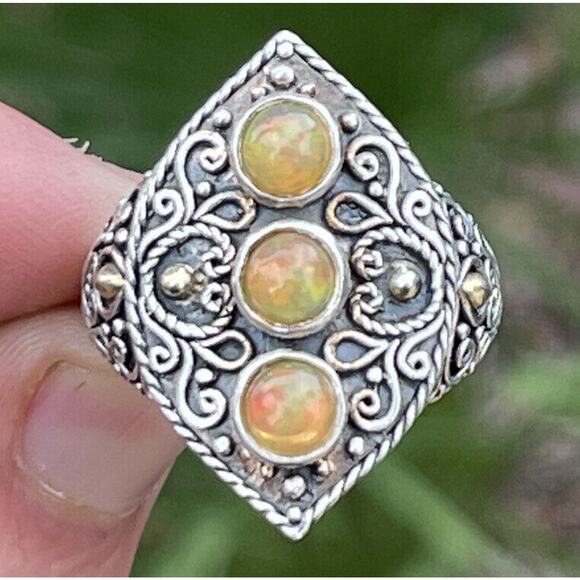 18k Gold and Sterling Silver Ring 925 Size 9.5 Bali Opal Scroll M ID signed - Picture 3 of 9